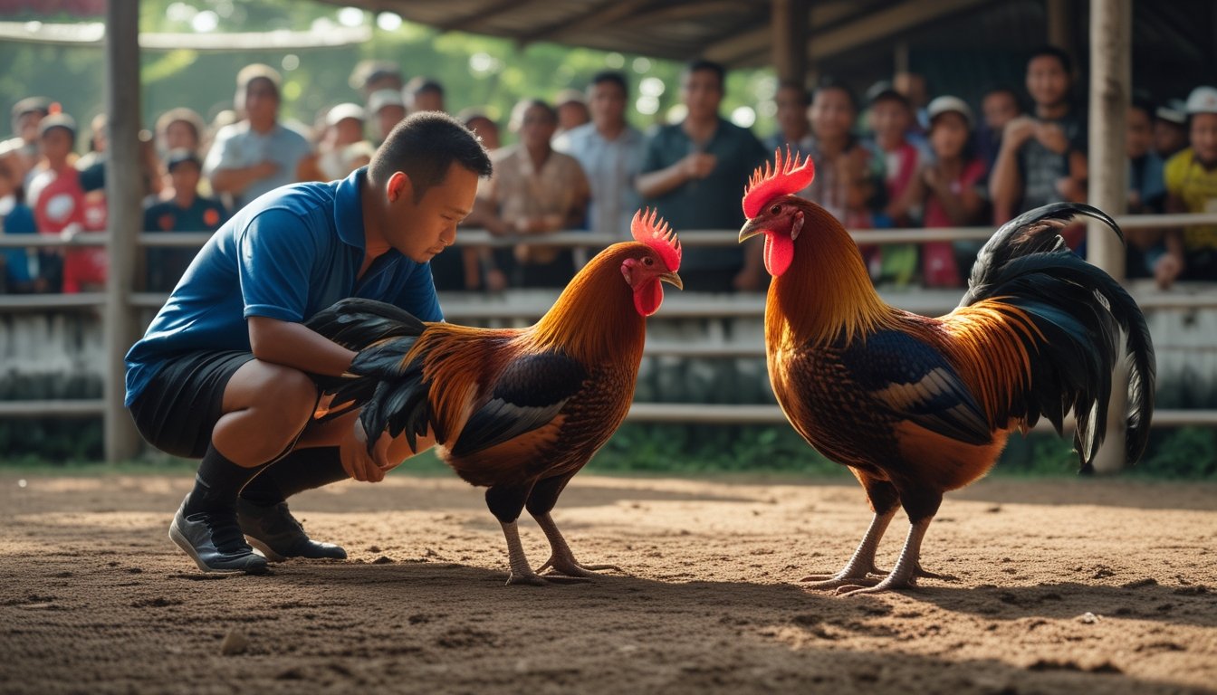 Seorang pelatih memeriksa ayam jago di arena sabung ayam dengan penonton di latar belakang.