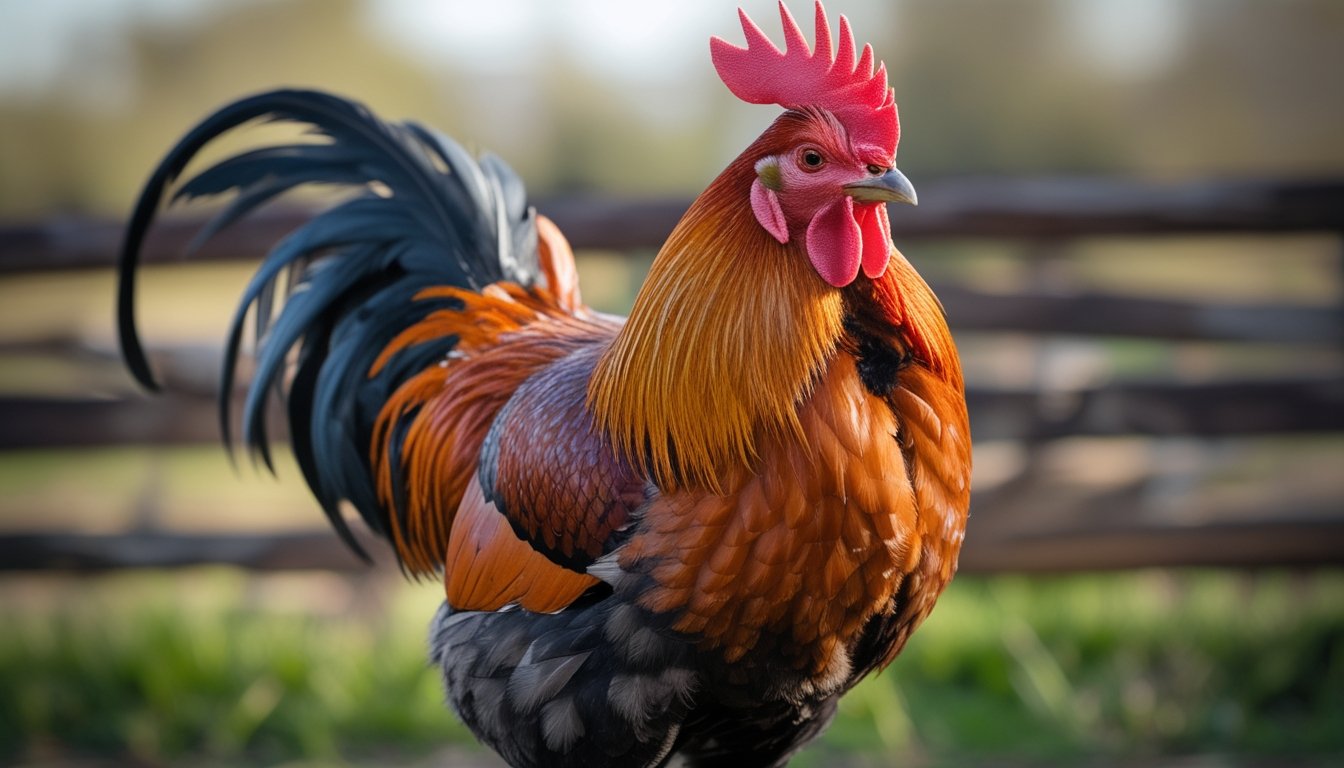 Seekor ayam jago sehat dan kuat berdiri di luar ruangan dengan latar belakang rumput dan pagar kayu.