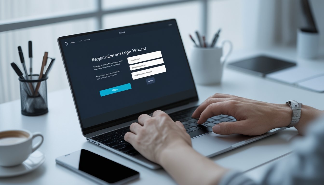 Seseorang menggunakan laptop di meja rapi untuk mendaftar dan masuk ke sebuah situs online.