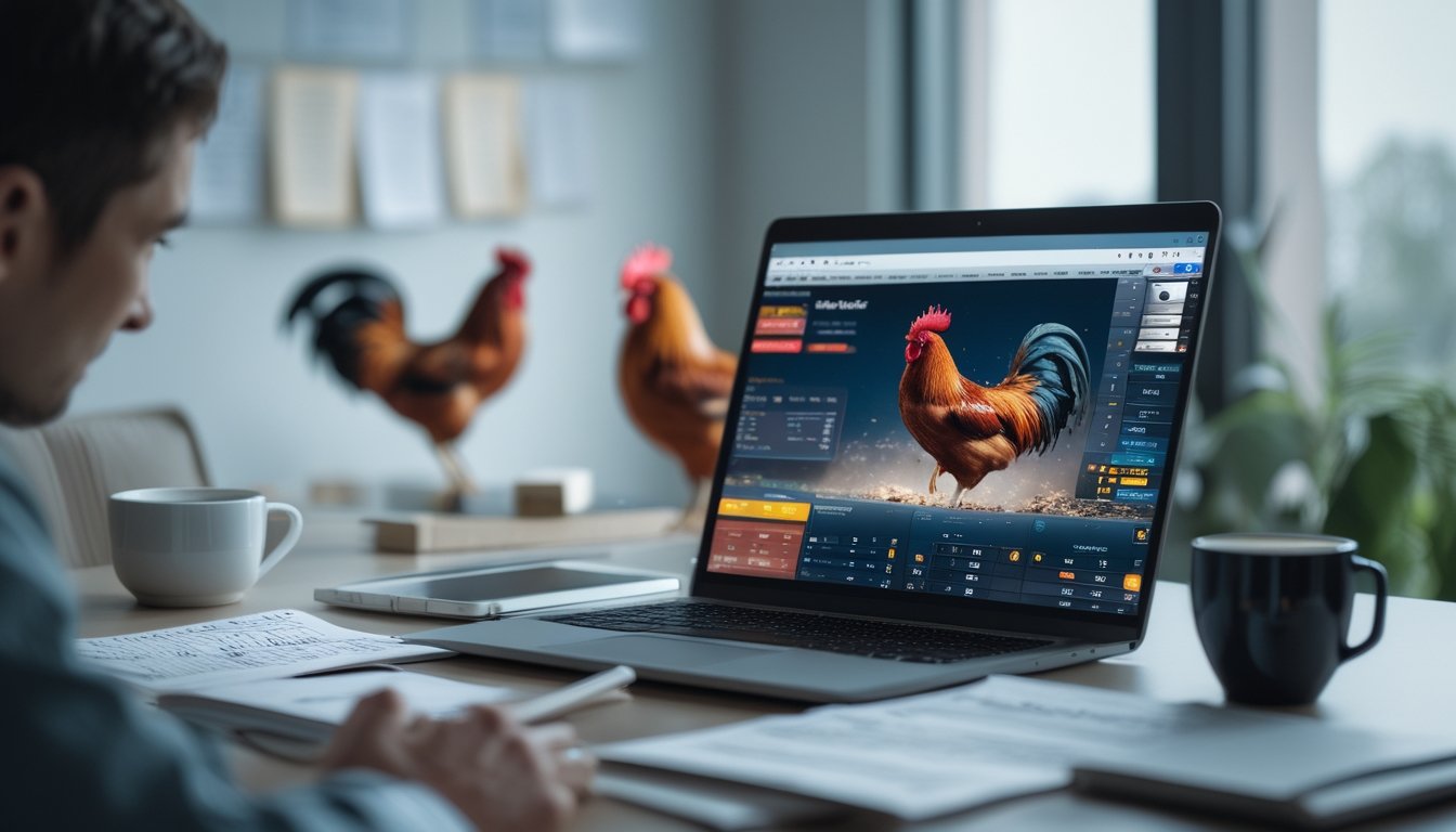 Seorang pria sedang bekerja di depan laptop dengan layar menampilkan platform prediksi, di meja terdapat catatan dan ponsel, dengan latar belakang dekorasi ayam jago.