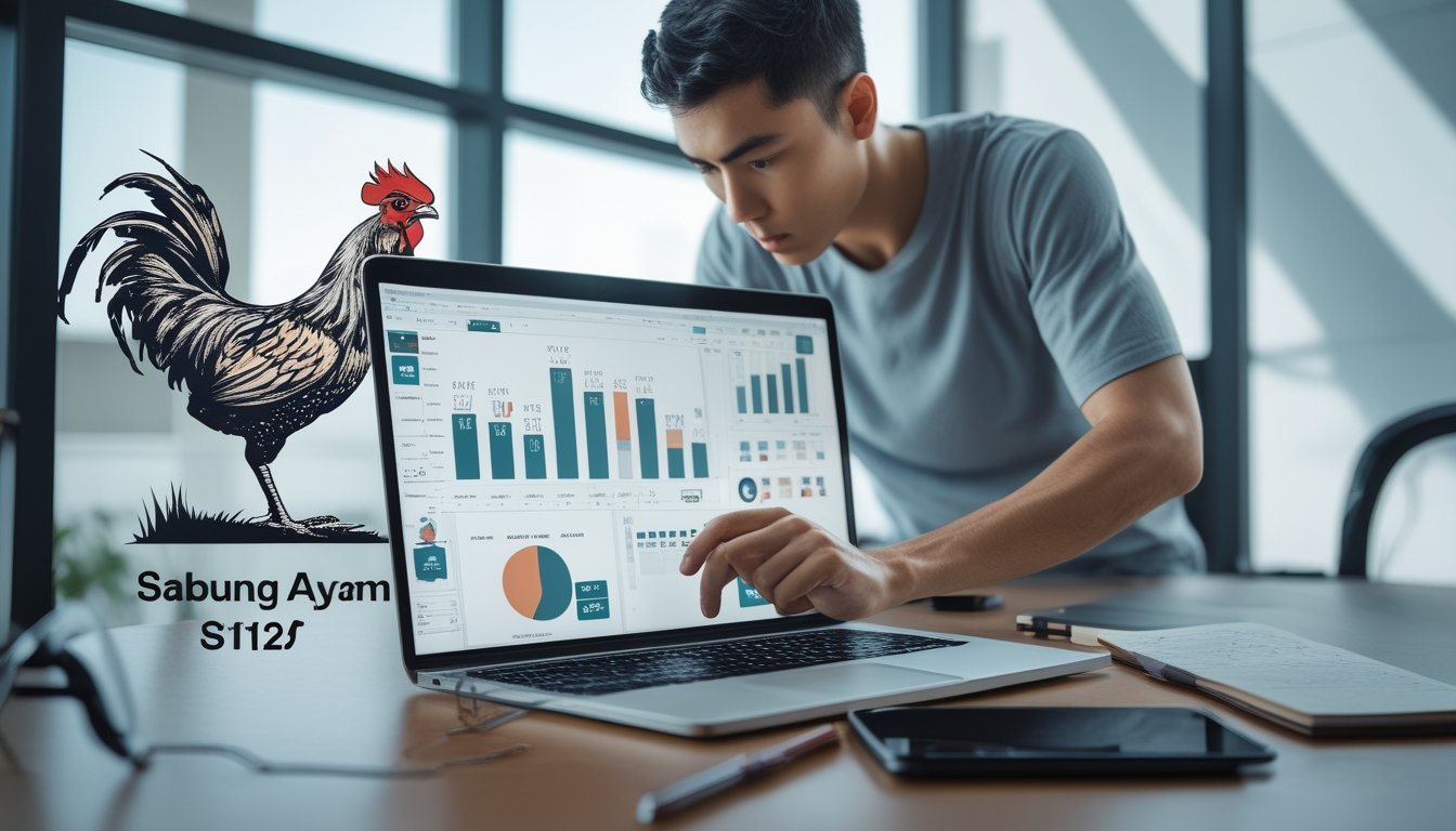 Seorang pria muda fokus menganalisis data di laptop dengan latar belakang elemen simbol sabung ayam dan meja kerja yang rapi.