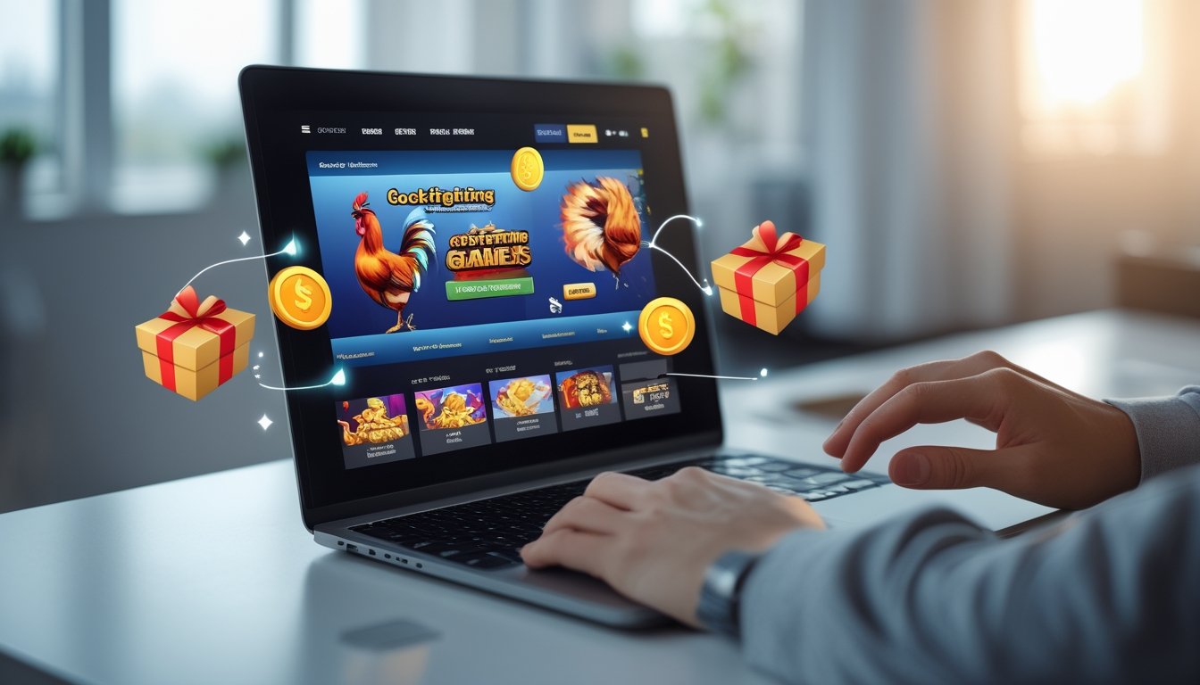 Seseorang menggunakan laptop di meja dengan tampilan situs web permainan online dan ikon hadiah serta koin di sekitar.