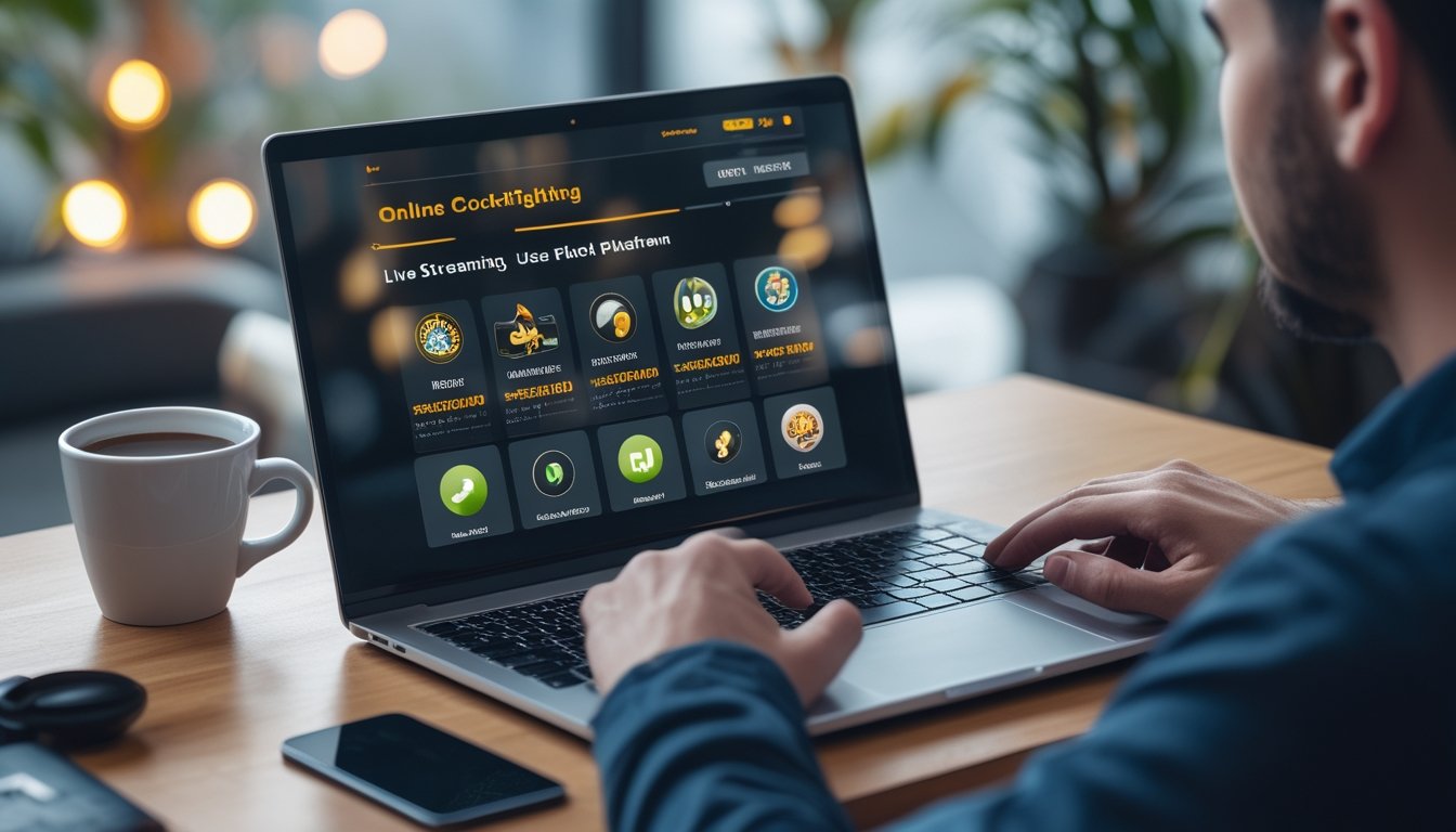 Seorang pengguna melihat layar laptop dengan antarmuka platform permainan online di ruang kerja modern.