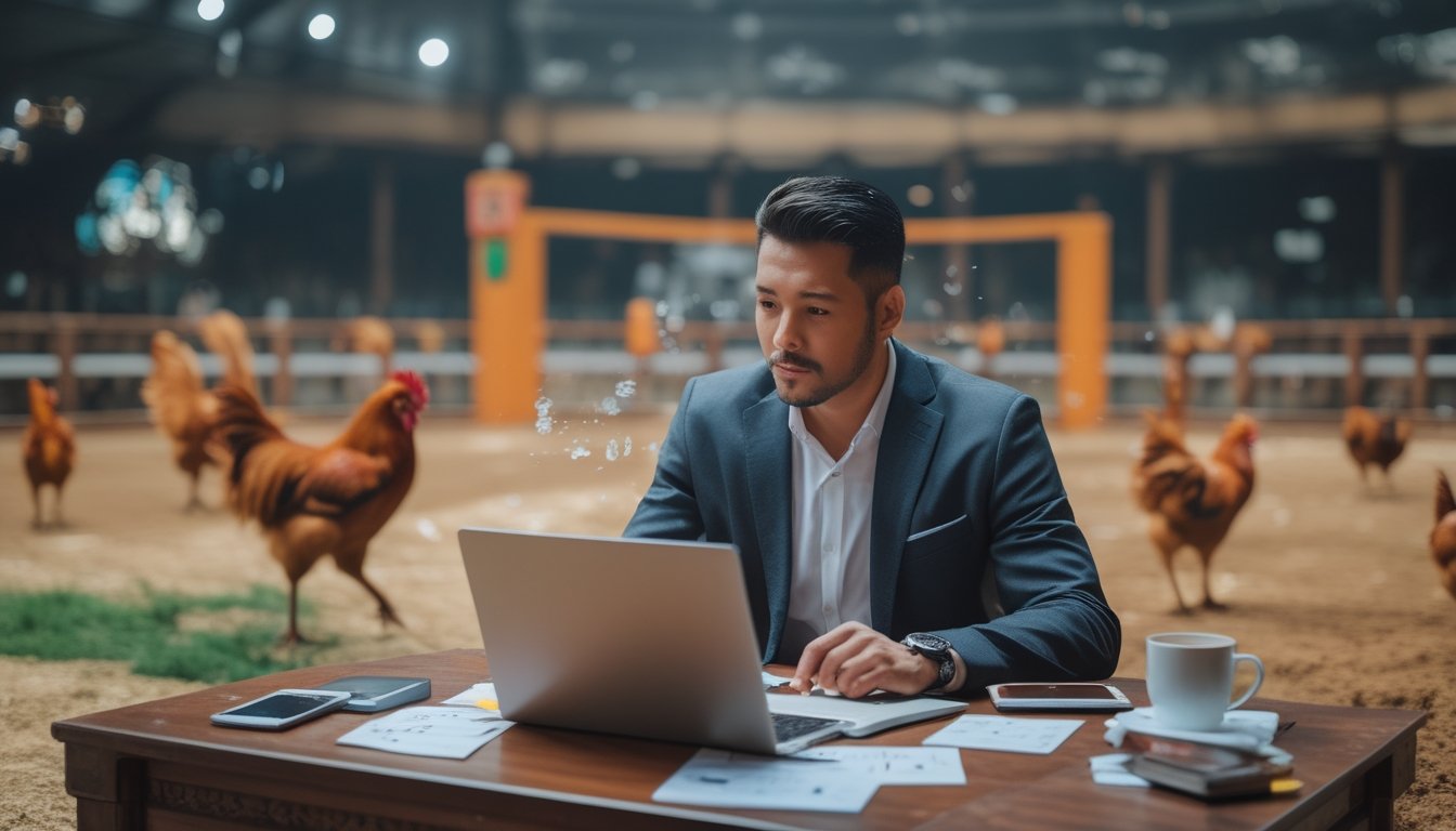 Seorang pria sedang duduk di meja dengan laptop dan ponsel, fokus menganalisis strategi taruhan Sabung Ayam dengan latar belakang arena sabung ayam yang samar.