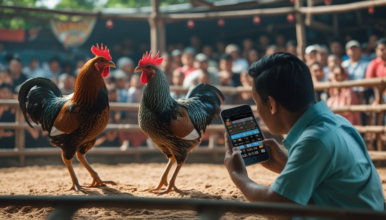 Dua ayam jago sedang bertarung di arena sabung ayam dengan seorang penonton yang memegang ponsel untuk memasang taruhan.