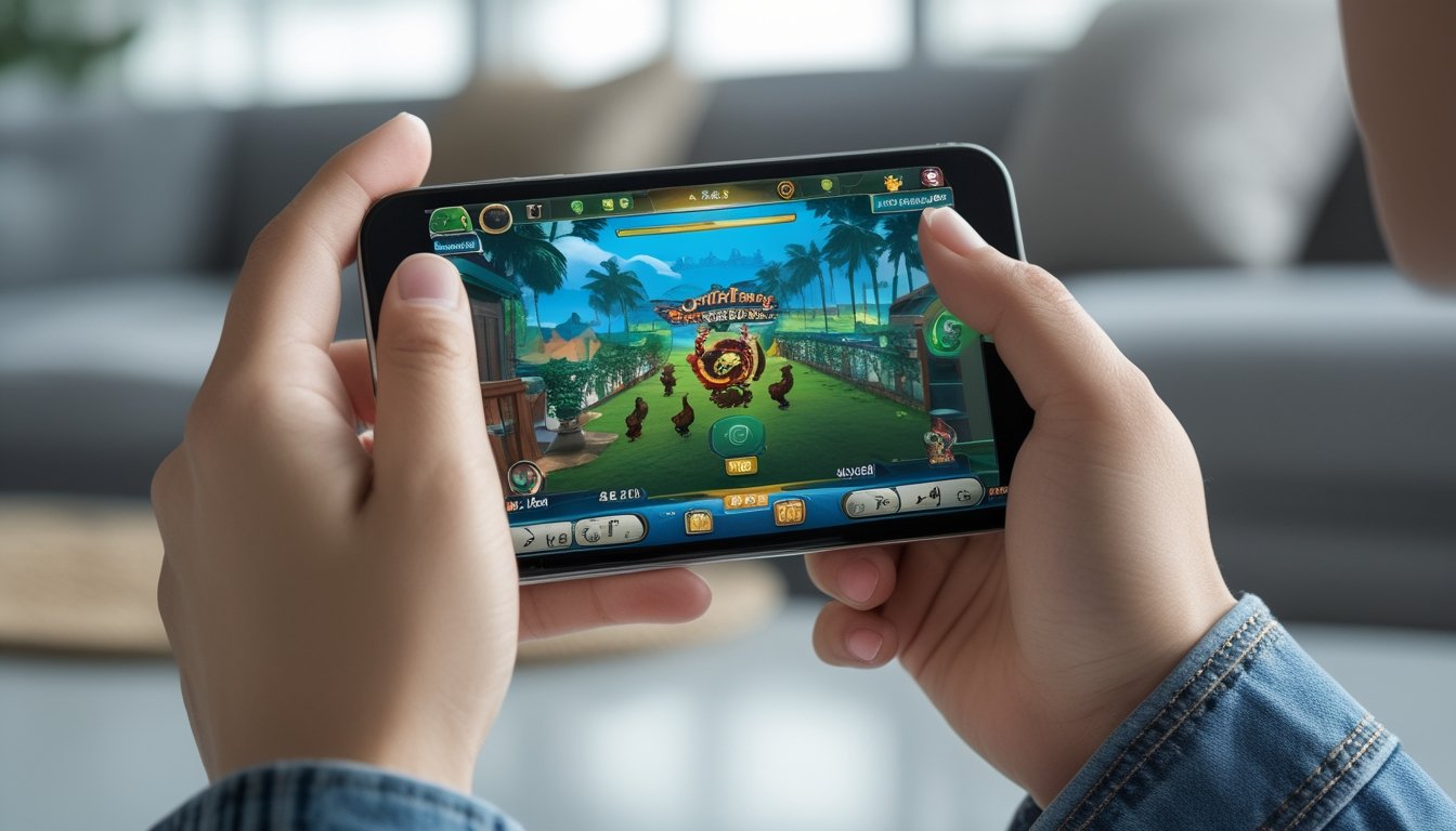 Seseorang sedang menggunakan ponsel pintar untuk bermain game sabung ayam secara live.