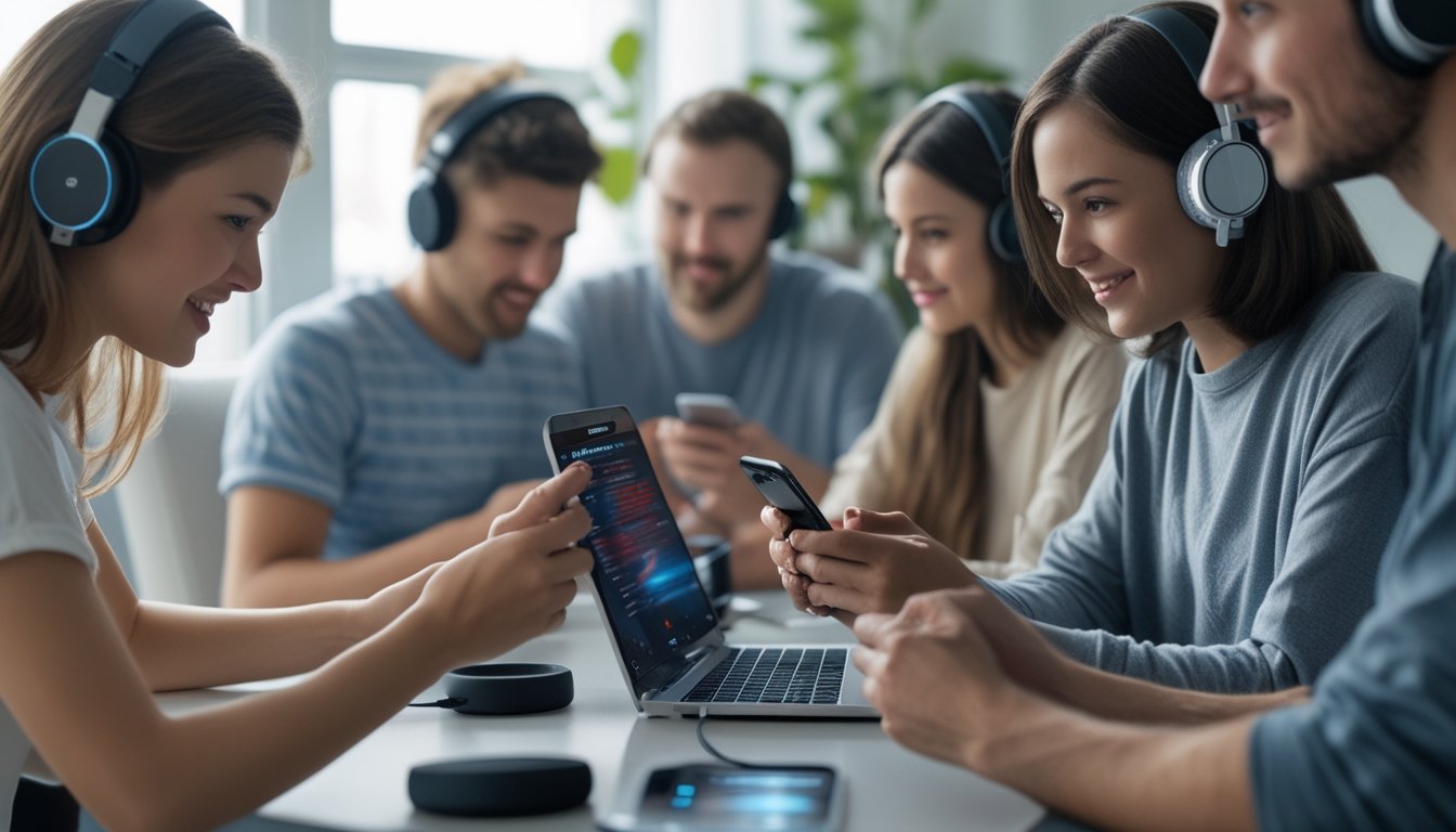 Beberapa orang muda sedang menggunakan ponsel di ruang tamu untuk bermain sabung ayam online dengan suasana nyaman dan aman.