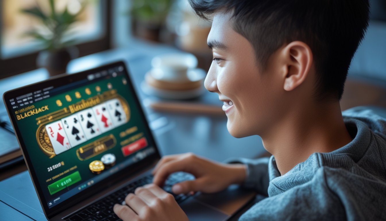 Seorang pemuda Indonesia bermain blackjack online di laptop di dalam ruangan yang nyaman.