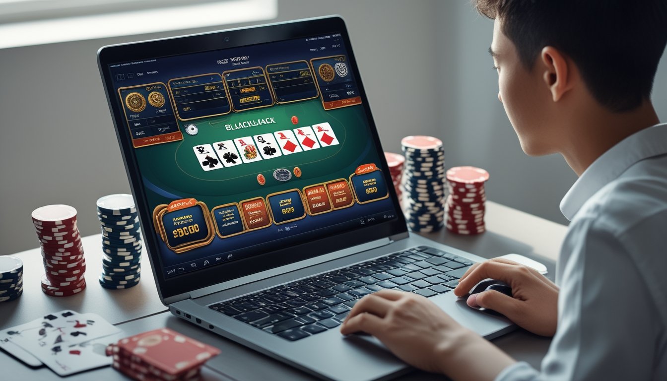 Seorang pemain muda Indonesia sedang bermain blackjack online di depan komputer dengan kartu dan chip poker di meja.