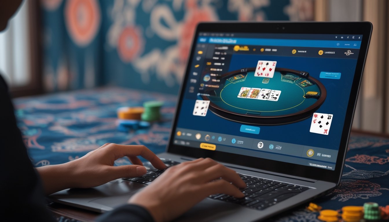 Seseorang bermain blackjack online di depan komputer dengan kartu dan chip terlihat di layar, latar belakang menampilkan pola batik Indonesia.