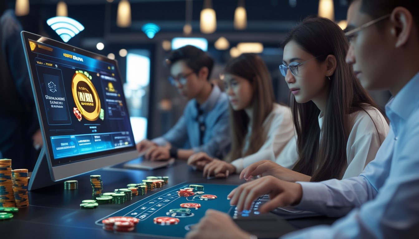 Beberapa pemain fokus bermain blackjack online di depan laptop dan ponsel di ruangan modern dengan meja blackjack digital.