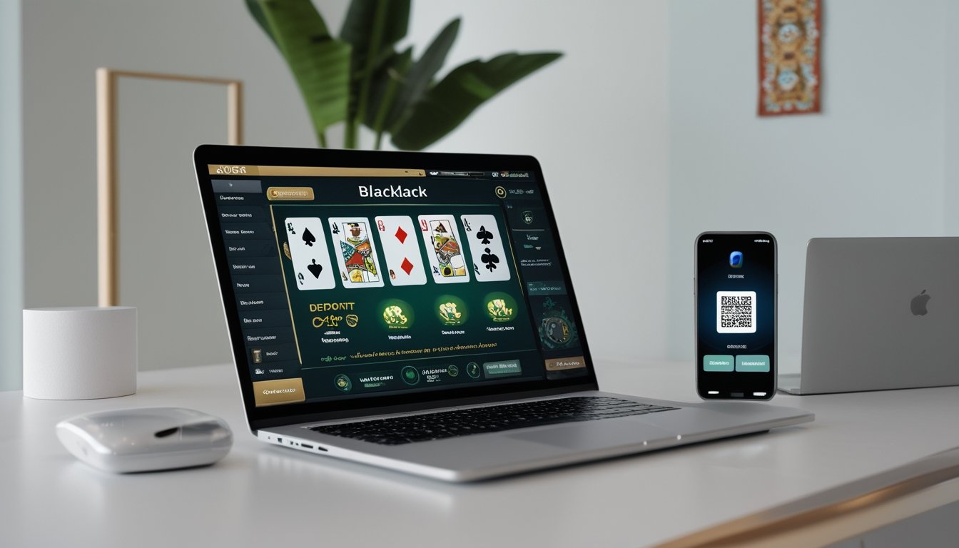 Seorang pengguna menggunakan laptop dan ponsel untuk bermain Blackjack online dengan metode pembayaran digital di meja kerja yang rapi.