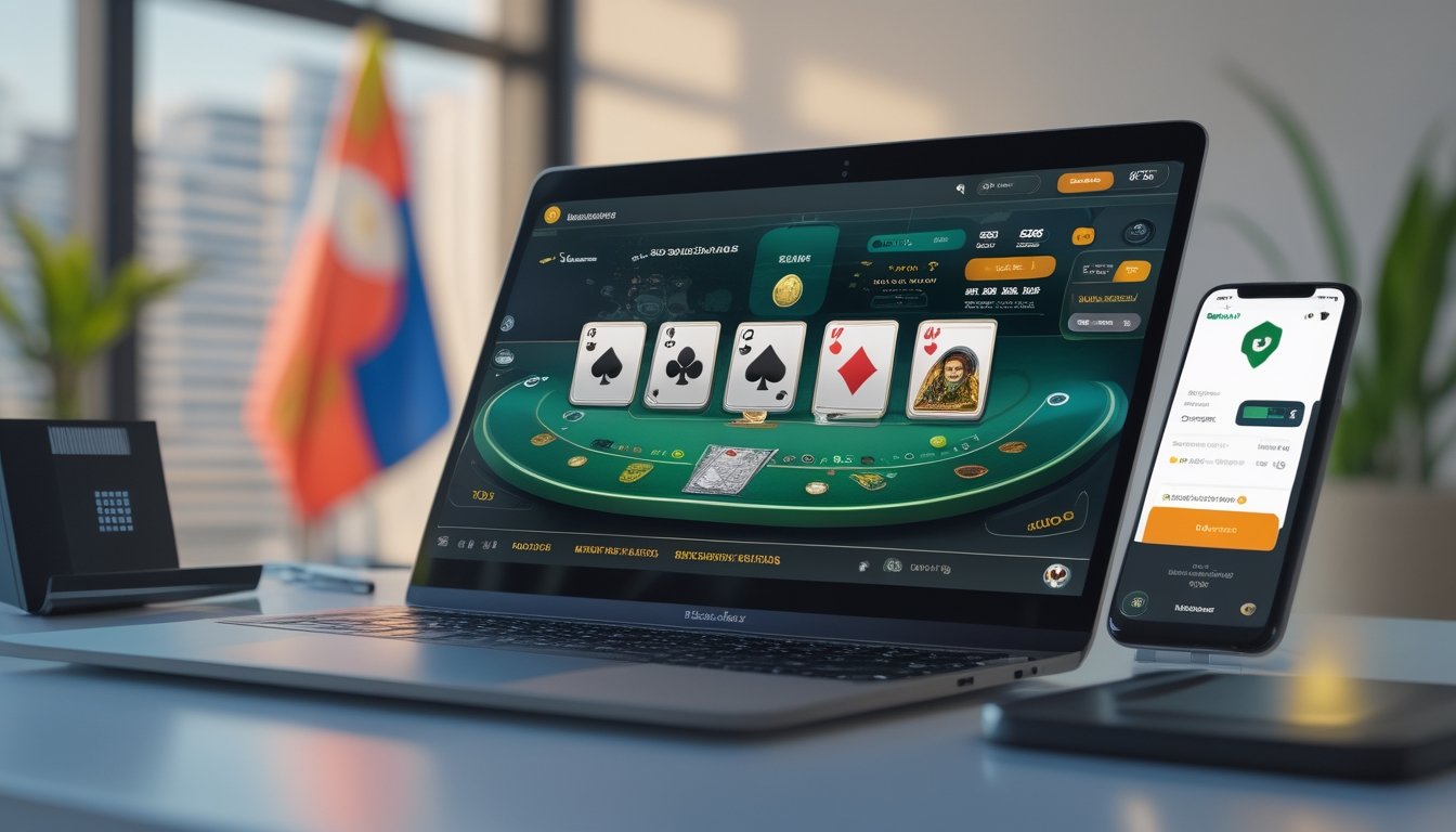 Sebuah meja kerja dengan laptop menampilkan permainan blackjack online, smartphone dengan kode pembayaran QRIS, dan suasana modern yang menunjukkan kemudahan dan kepercayaan dalam bermain blackjack online di Indonesia.