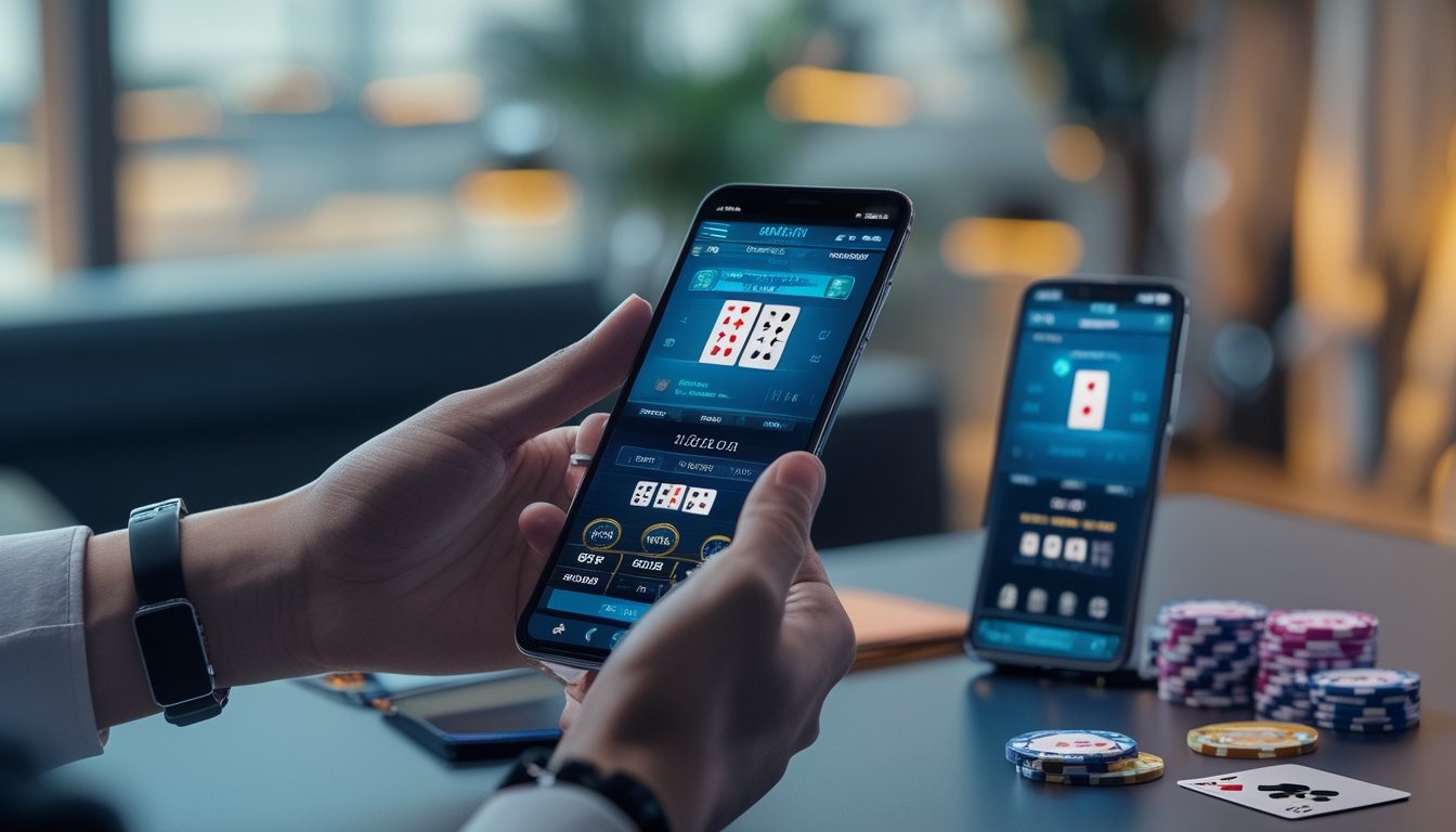 Seseorang sedang bermain blackjack online menggunakan ponsel Android dan iPhone dengan kartu dan chip di meja.