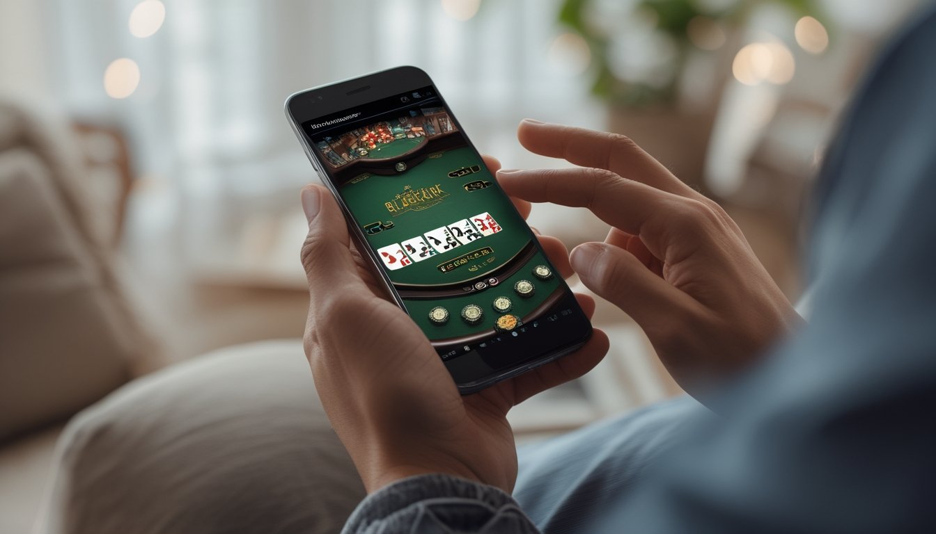 Seseorang memegang smartphone yang menampilkan permainan blackjack online dengan kartu dan chip di layar.