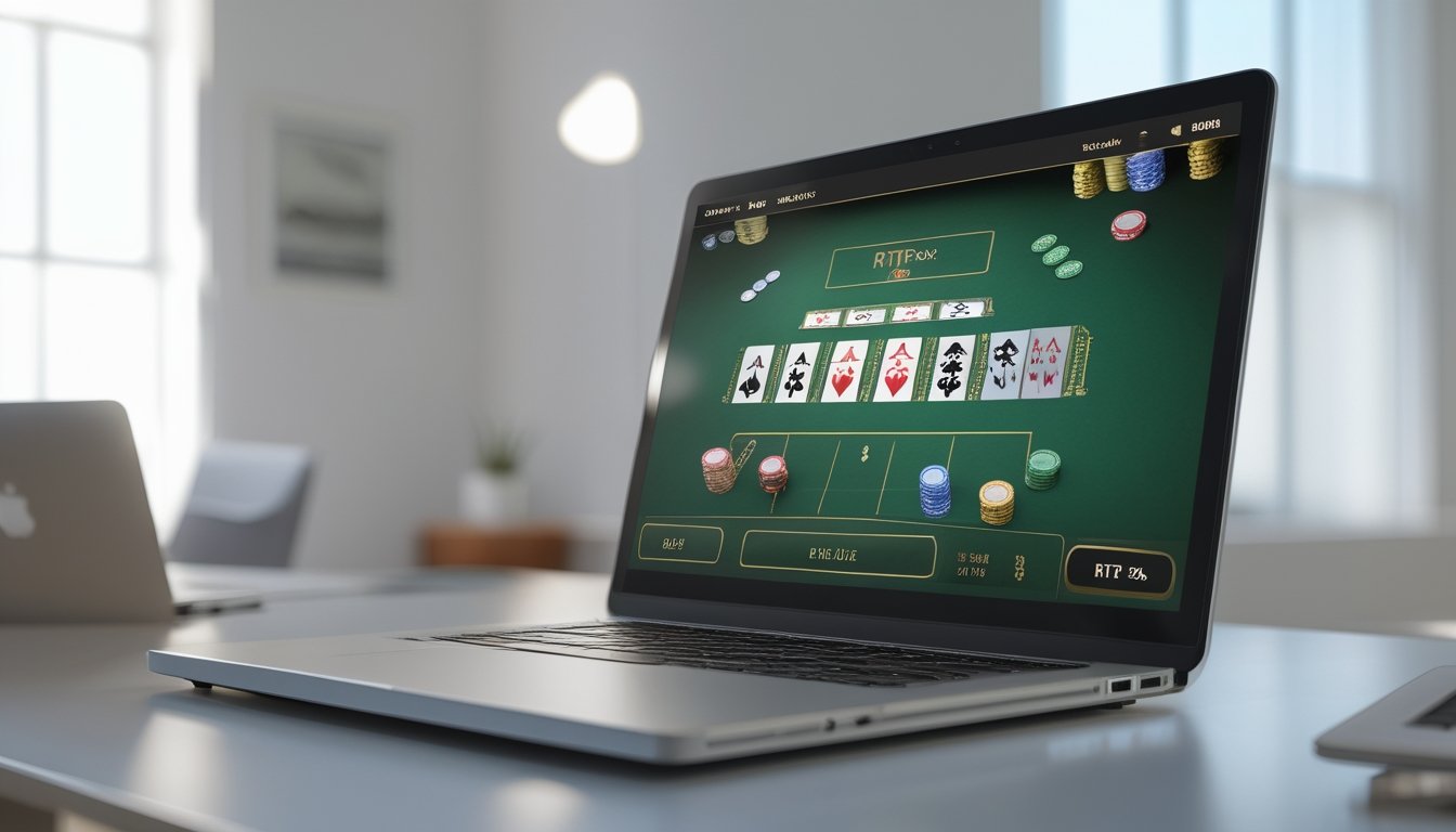 Seorang pemain sedang melihat meja blackjack online di layar laptop dengan kartu dan chip yang tertata rapi di meja kerja yang bersih.