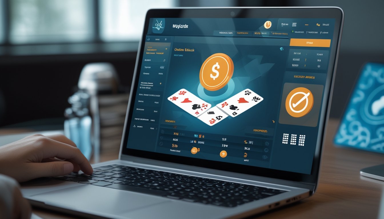 Seorang pemain sedang menggunakan komputer dengan tampilan meja blackjack online yang menampilkan kartu dan chip, menunjukkan konsep permainan yang adil dan RTP tinggi.