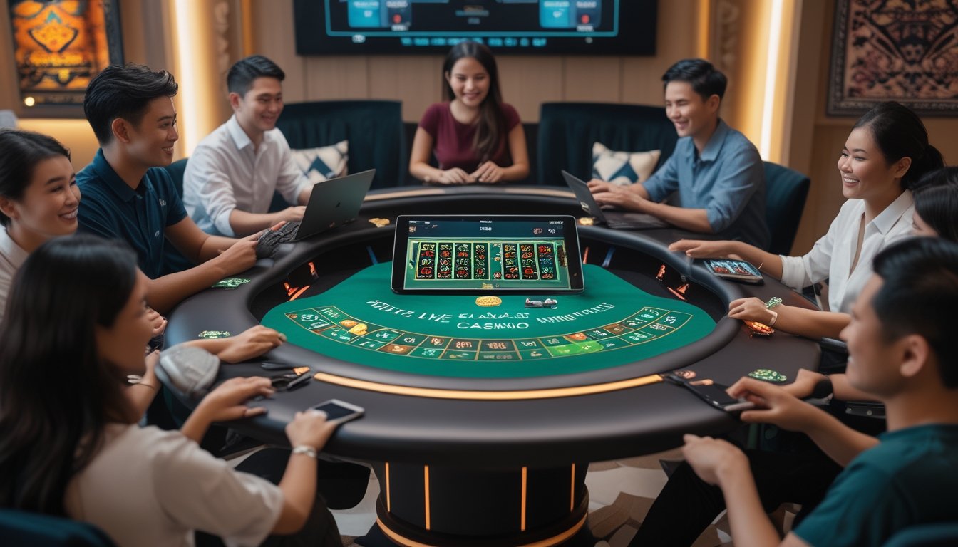 Beberapa pemain muda sedang bermain blackjack online di meja digital di sebuah ruangan dengan dekorasi Indonesia.