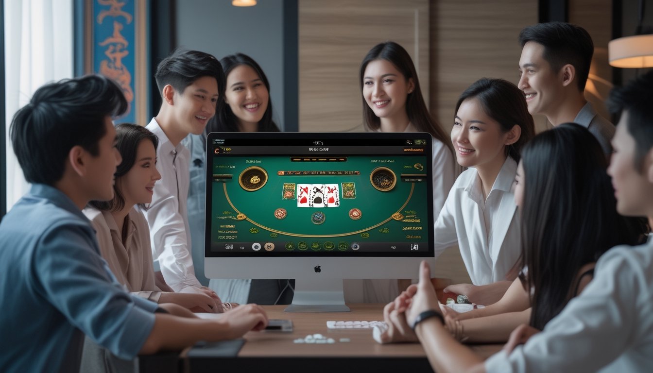 Beberapa orang muda berkumpul di sekitar laptop yang menampilkan permainan blackjack online dengan latar belakang elemen budaya Indonesia.