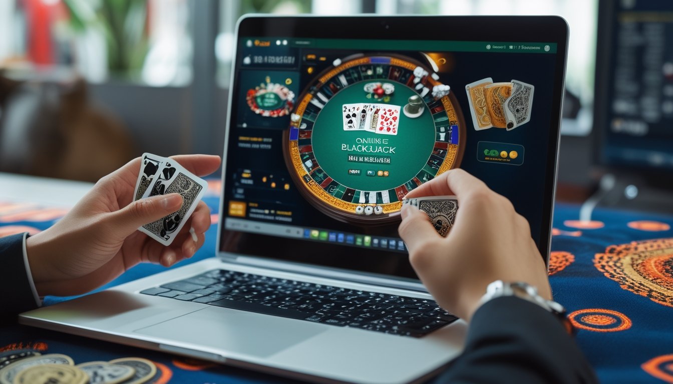 Seseorang bermain blackjack online di depan komputer dengan kartu dan chip di meja, menunjukkan proses menghitung kartu.