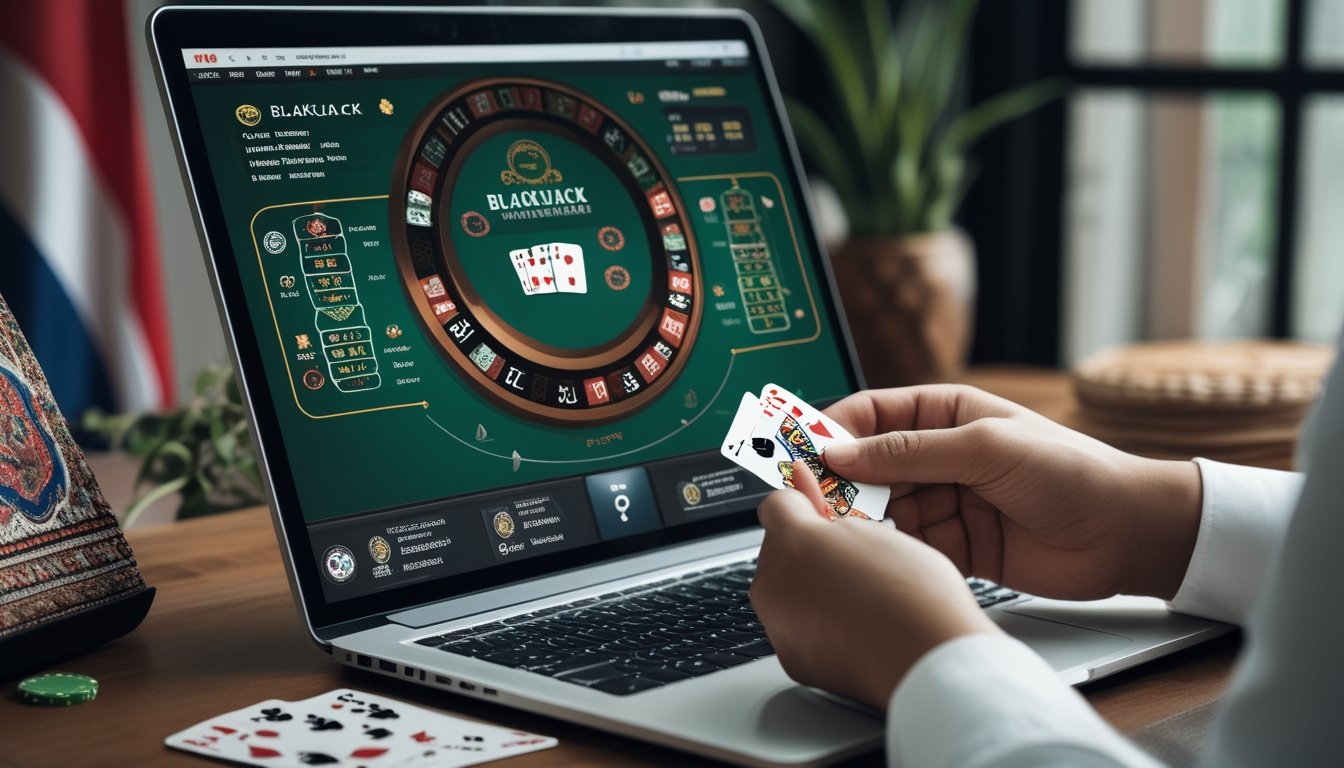 Seseorang sedang bermain blackjack online menggunakan laptop dengan kartu dan chip di meja, menunjukkan aktivitas menghitung kartu.