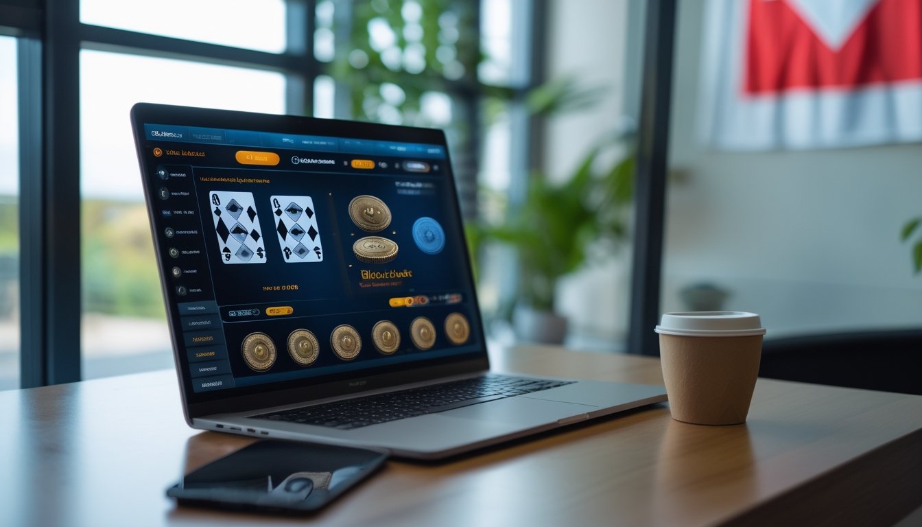 Sebuah ruang kerja modern dengan laptop yang menampilkan permainan blackjack online, ditemani kopi dan ponsel di meja, dengan cahaya alami dan elemen budaya Indonesia di latar belakang.