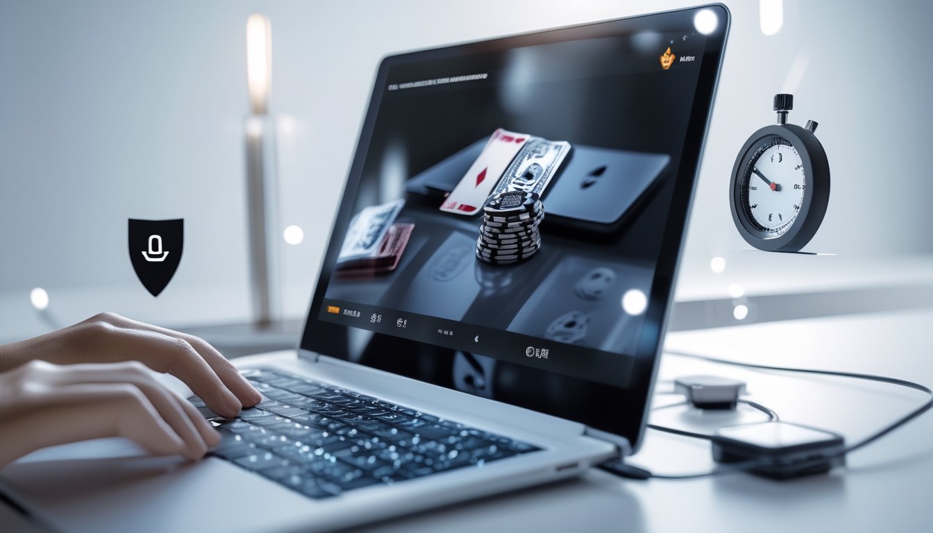 Tampilan dekat layar komputer dengan permainan blackjack online, kartu dan chip terlihat jelas, di sekitar terdapat simbol keamanan dan kecepatan.