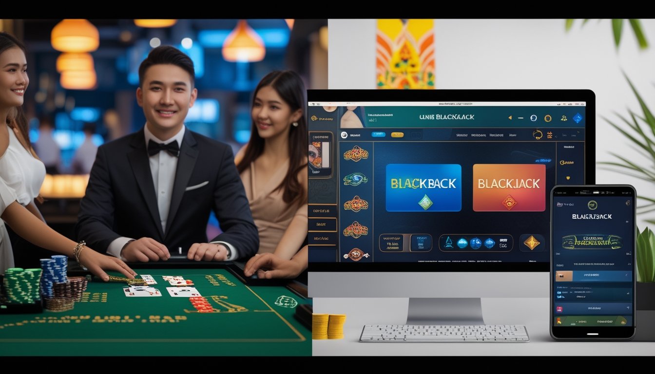 Gambar perbandingan dua jenis permainan blackjack online di Indonesia, satu dengan dealer langsung di meja kasino dan satu lagi dengan permainan blackjack digital di layar perangkat.