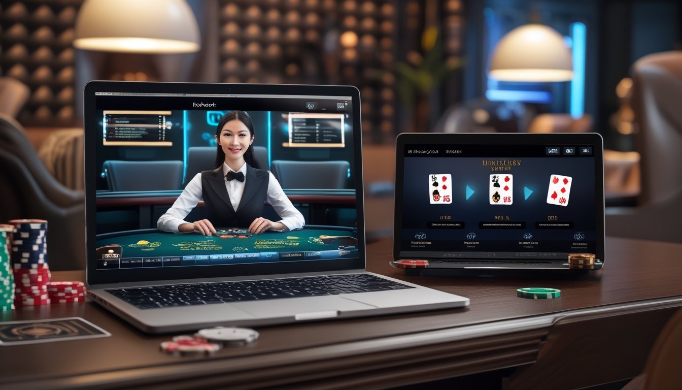Tampilan layar komputer yang menunjukkan permainan blackjack online dengan dealer langsung di satu sisi dan versi RNG di sisi lain.