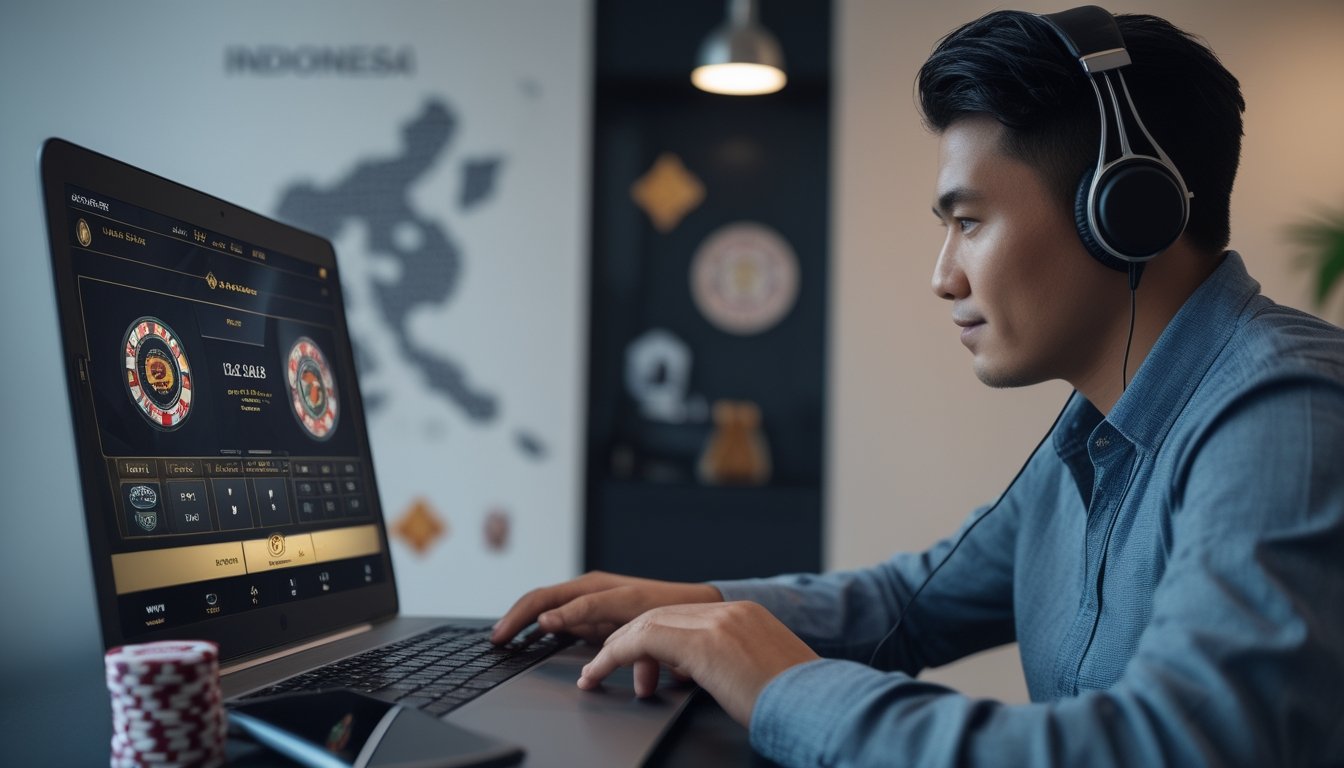 Seorang pria Indonesia sedang fokus bermain blackjack online menggunakan laptop di meja dengan chip poker dan ponsel di sekitarnya.
