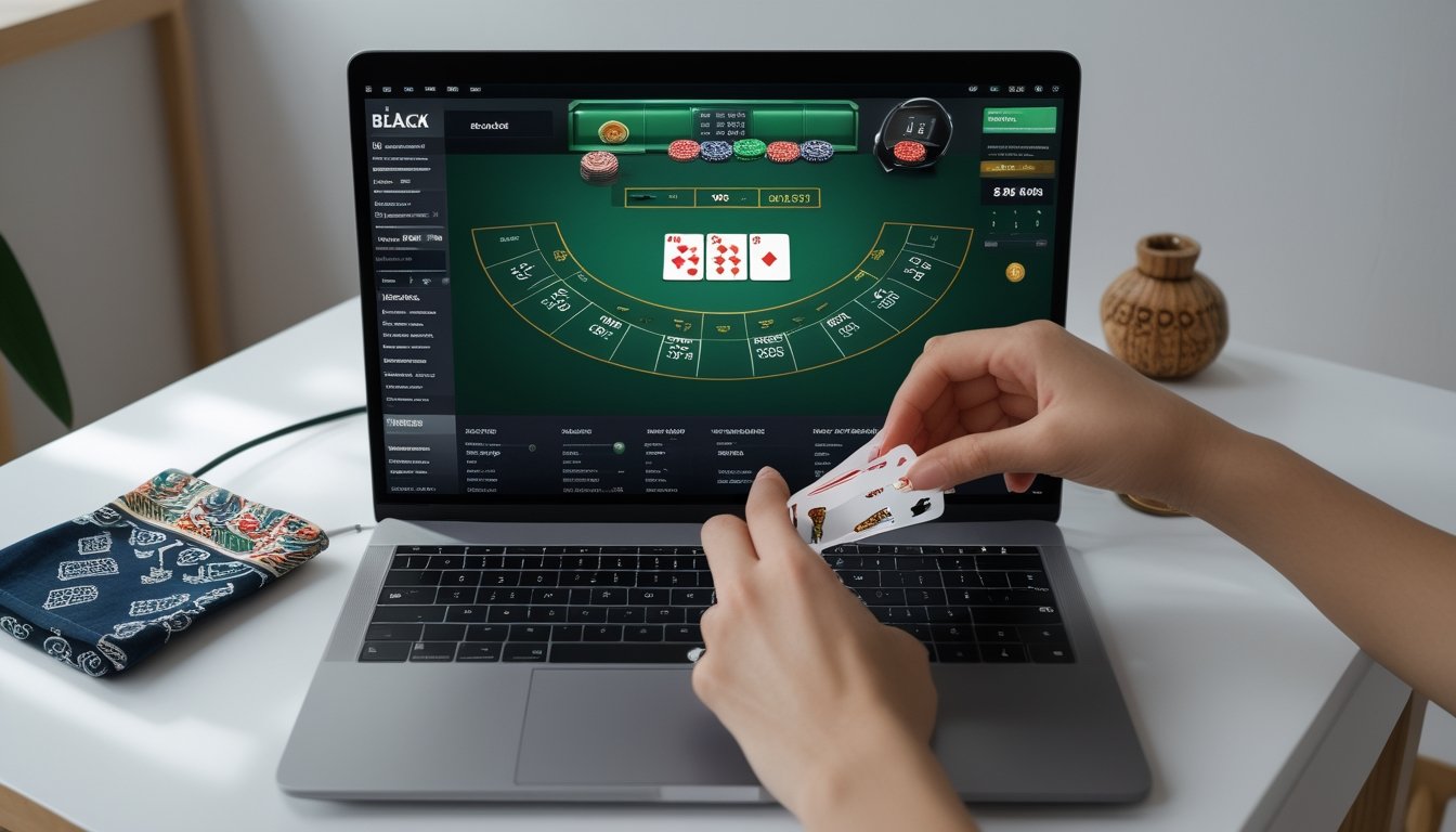 Seorang pemain sedang bermain blackjack online di depan komputer dengan kartu dan chip di meja, di ruang kerja yang rapi dan terang.