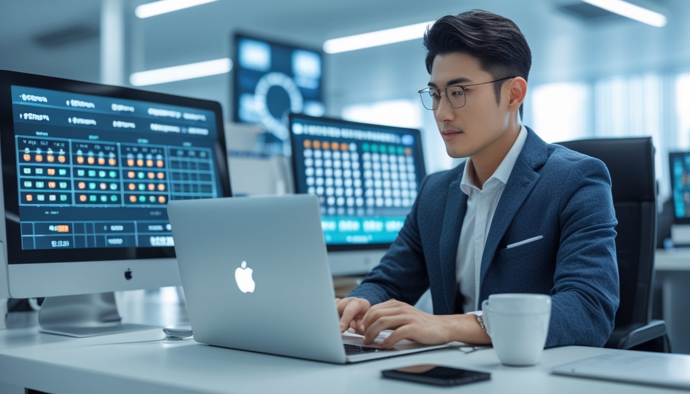Seorang pria Asia duduk di meja kantor modern menggunakan beberapa komputer dengan tampilan data digital dan grafik.