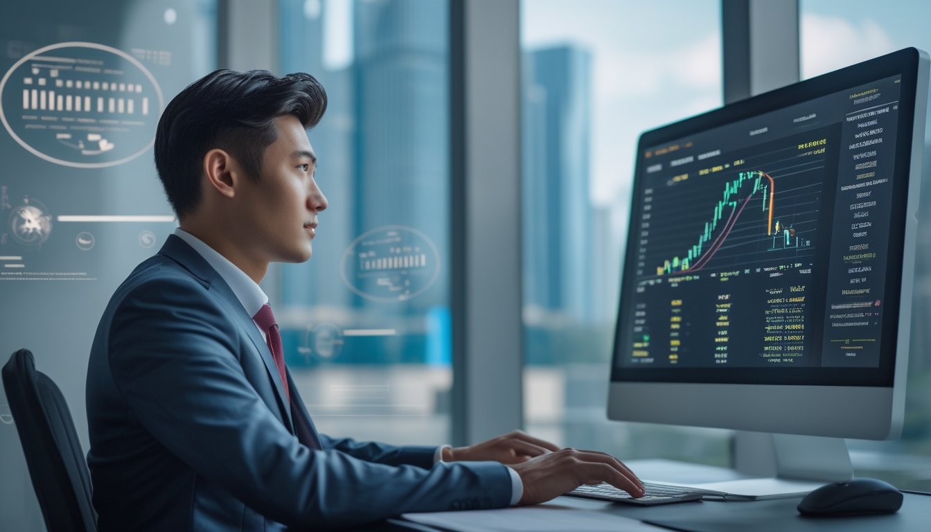 Seorang pria Asia Tenggara duduk di depan komputer di kantor modern dengan pemandangan kota di belakangnya, fokus pada data dan grafik di layar.