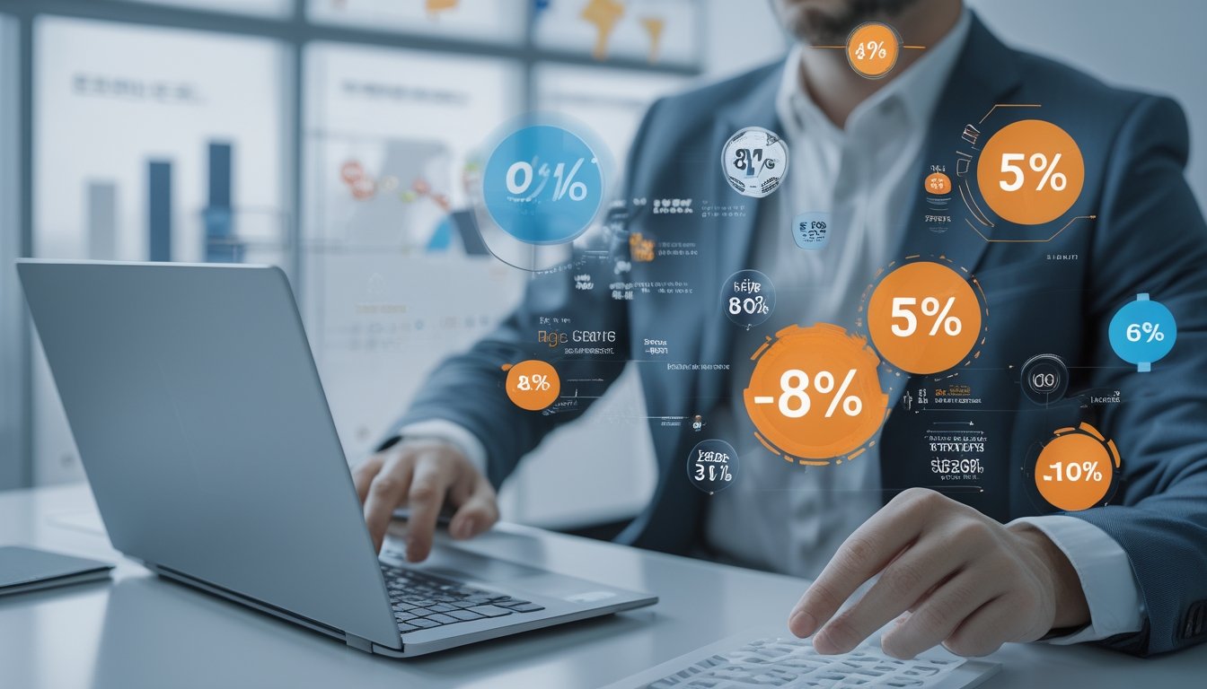 Seseorang menggunakan laptop di kantor modern dengan grafik diskon dan tiket lotere di latar belakang.