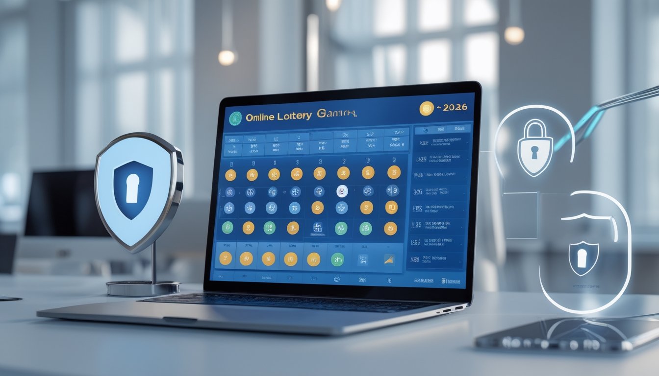 Sebuah ruang kerja modern dengan laptop yang menampilkan antarmuka digital lotere dan simbol keamanan seperti gembok dan ikon perisai.