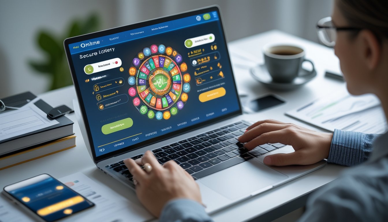 Sebuah ruang kerja modern dengan laptop menampilkan antarmuka lotere online dan beberapa perangkat di meja.