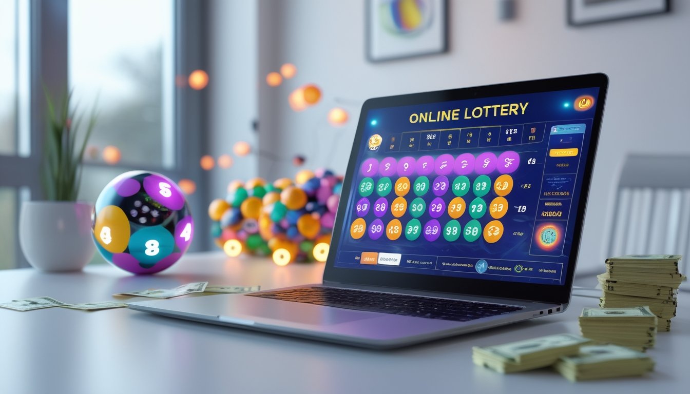 Seorang pria menggunakan laptop di meja kerja yang menampilkan antarmuka lotere online dengan bola lotere dan uang hadiah di sekitarnya.