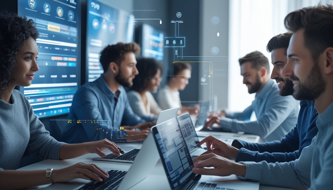 Beberapa orang menggunakan laptop dan ponsel di ruangan modern yang terang, terlihat fokus dan terlibat dalam aktivitas online.