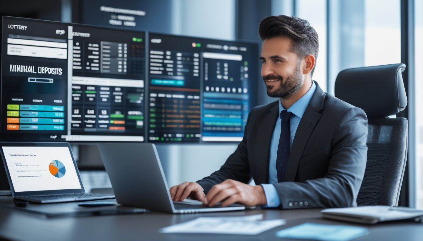 Seorang pria profesional duduk di meja kantor modern dengan beberapa layar digital yang menampilkan grafik dan statistik pasar togel.