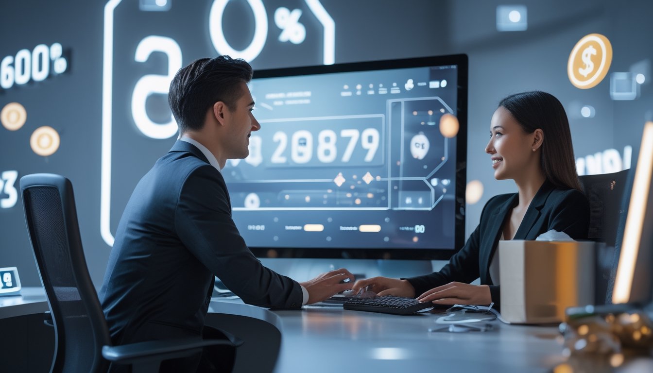 Seorang pria dan wanita muda duduk di depan komputer di ruang kantor modern, melihat layar dengan grafik angka lotre dan simbol bonus yang mengambang di sekitar mereka.