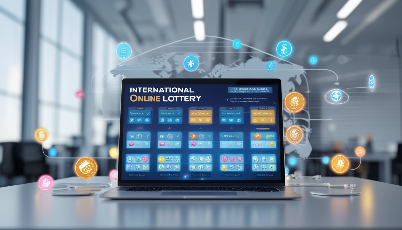 Seorang profesional menggunakan laptop dengan berbagai tampilan tiket lotere internasional di layar dalam lingkungan kantor modern.