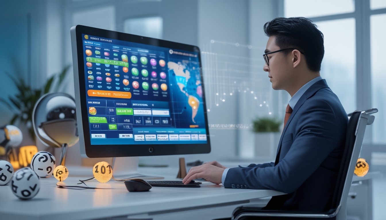 Seorang pria Asia duduk di meja kantor modern dengan layar komputer menampilkan data pasar togel internasional.