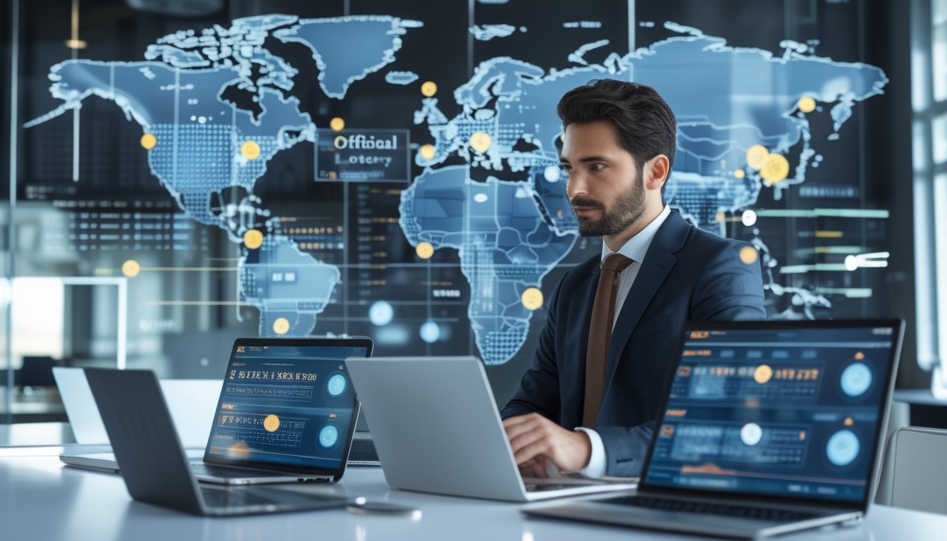Seorang profesional di kantor modern sedang menganalisis data pasar togel dunia dengan layar digital dan peta dunia di latar belakang.