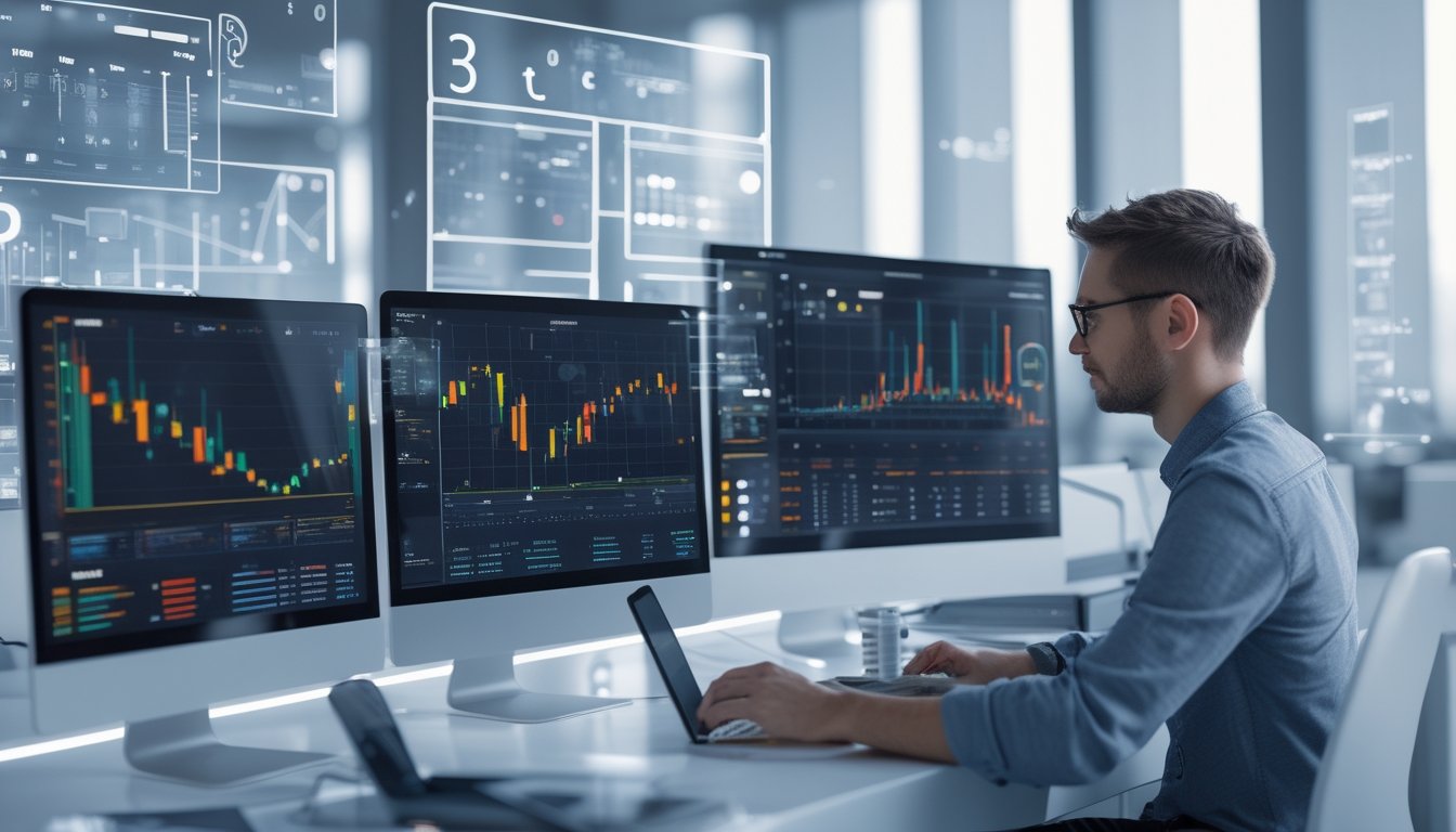 Seseorang sedang menganalisis data di depan beberapa layar komputer di ruang kantor yang modern dan terorganisir.