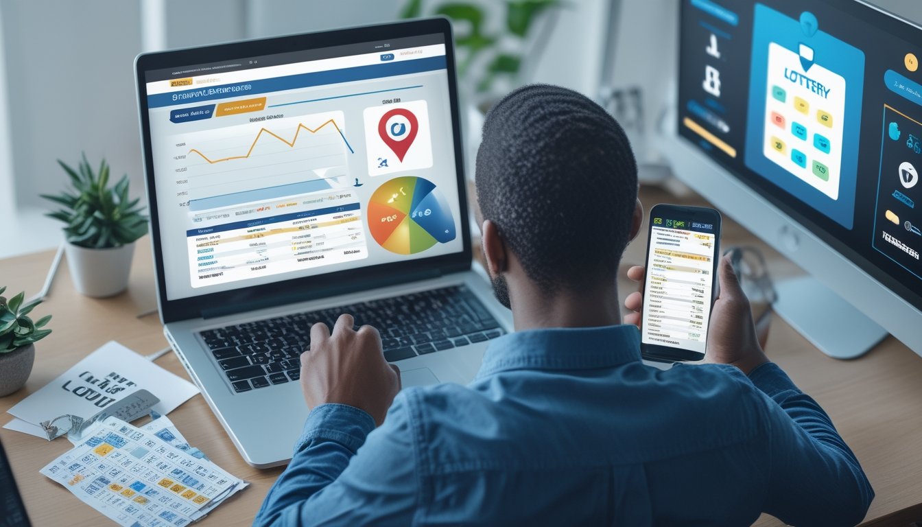 Seseorang sedang menggunakan laptop dan ponsel di meja kerja modern dengan tampilan data dan grafik terkait prediksi togel online.