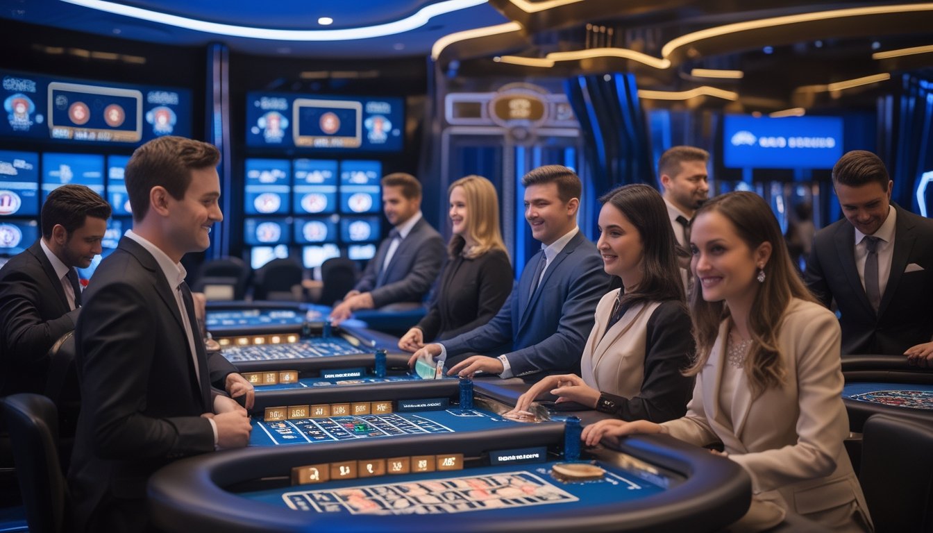 Suasana kasino langsung dengan orang-orang bermain permainan meja seperti roulette dan blackjack di lingkungan yang modern dan aman.