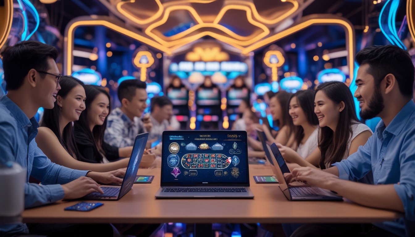 Sekelompok pemain yang antusias menggunakan perangkat digital untuk bermain kasino online dengan latar belakang lampu neon dan grafik kasino futuristik.