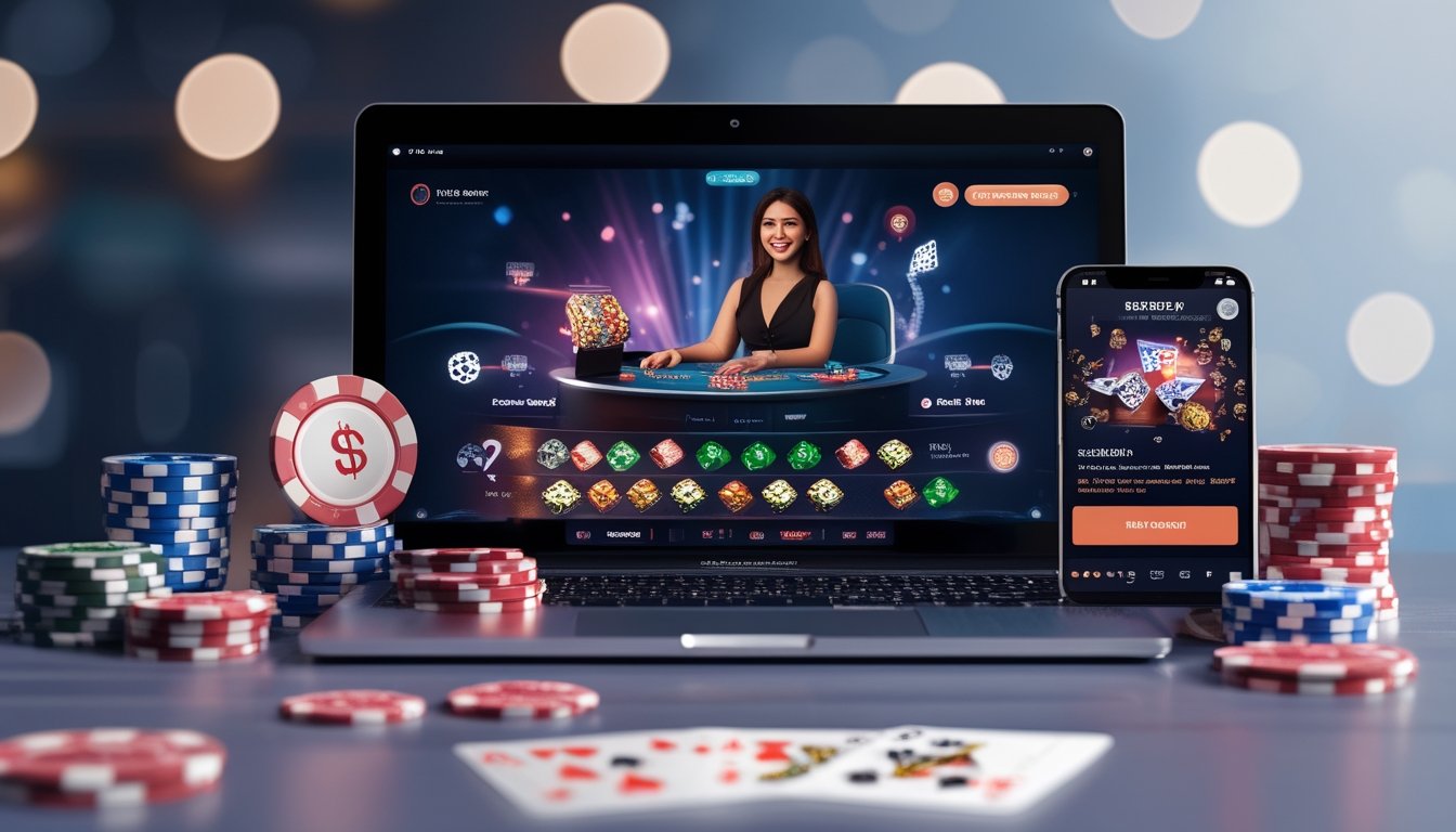 Seorang dealer live casino sedang berinteraksi di layar komputer dengan chip poker dan kartu bermain di sekitar perangkat.
