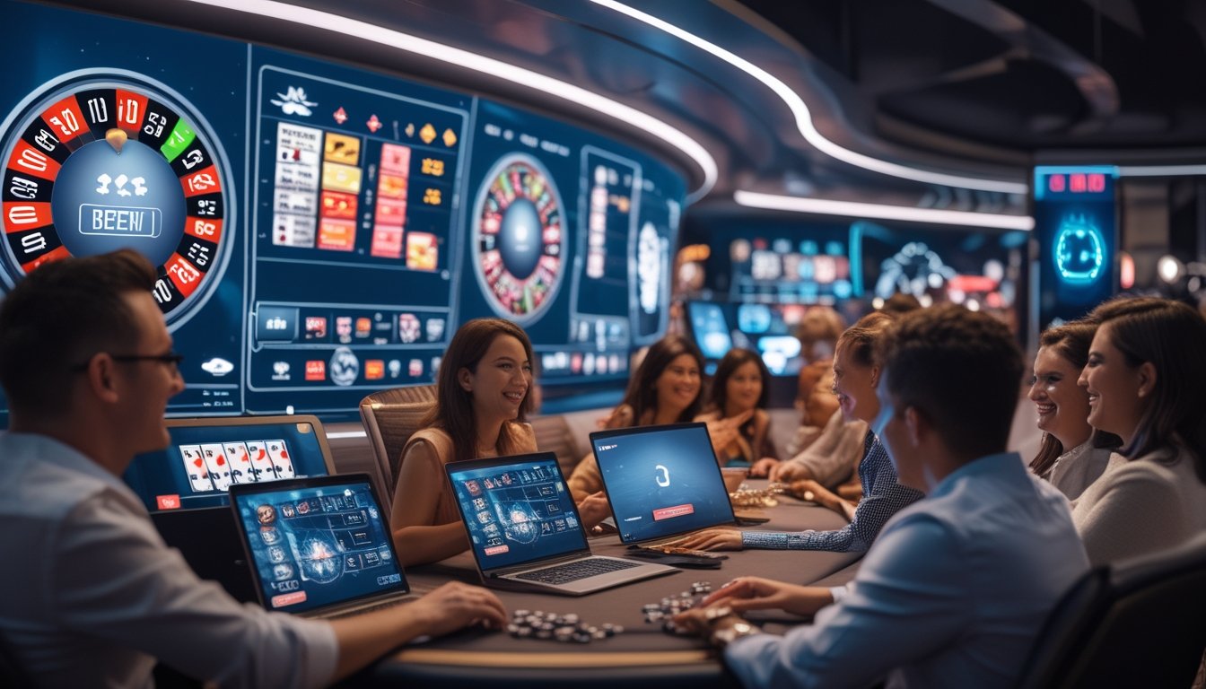 Orang-orang bermain permainan kasino online menggunakan laptop dan ponsel di lingkungan kasino digital yang modern dan futuristik.