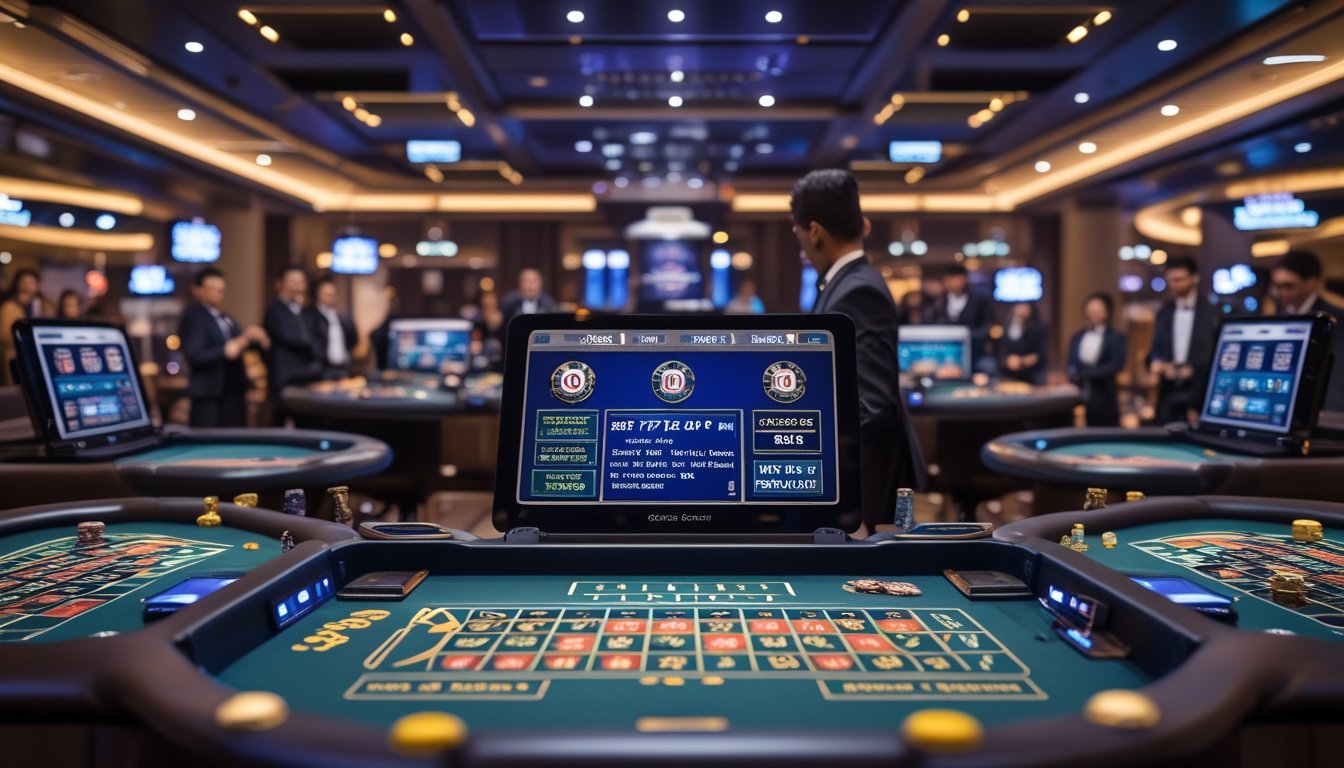 Suasana kasino langsung modern dengan dealer profesional dan pemain yang menikmati permainan kasino online.